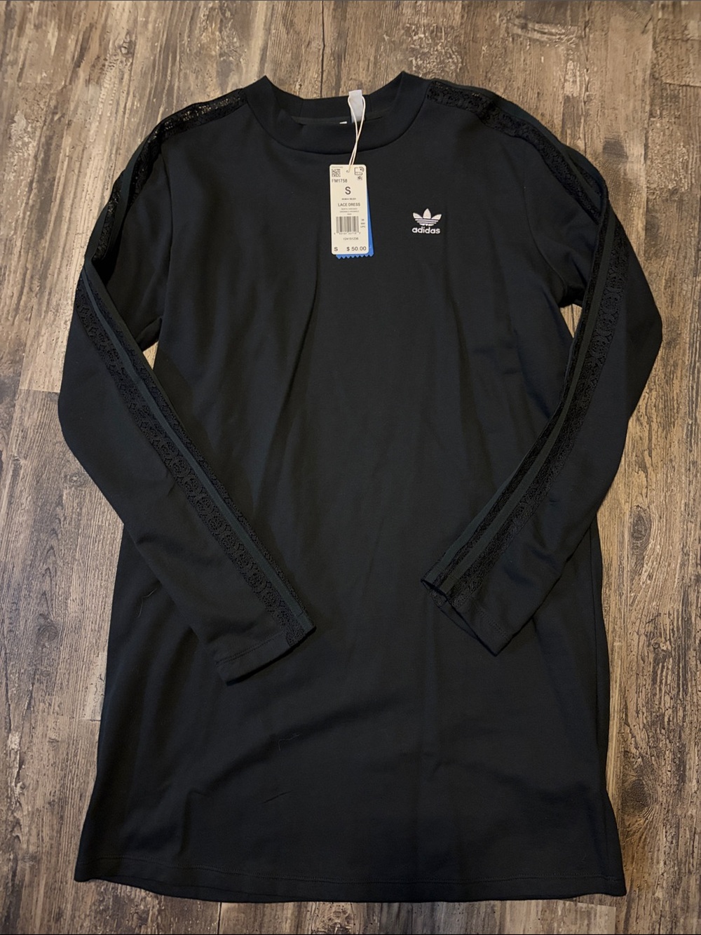 adidas Black Long-Sleeve Crewneck dress with Lace Sleeve detailing